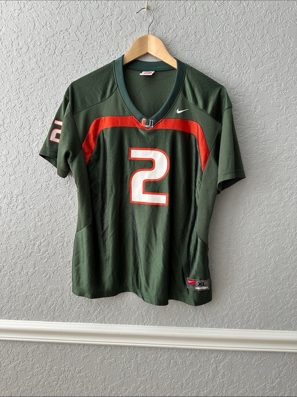 Nike women’s Green & Orange Miami hurricane Football Jersey with White No. 2